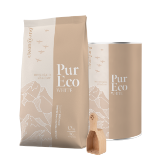 ekologiczny proszek do prania białego z pojemnikiem i drewnianą miarką