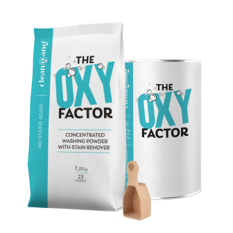 proszek do prania z odplamiaczem z pojemnikiem i drewnianą miarką